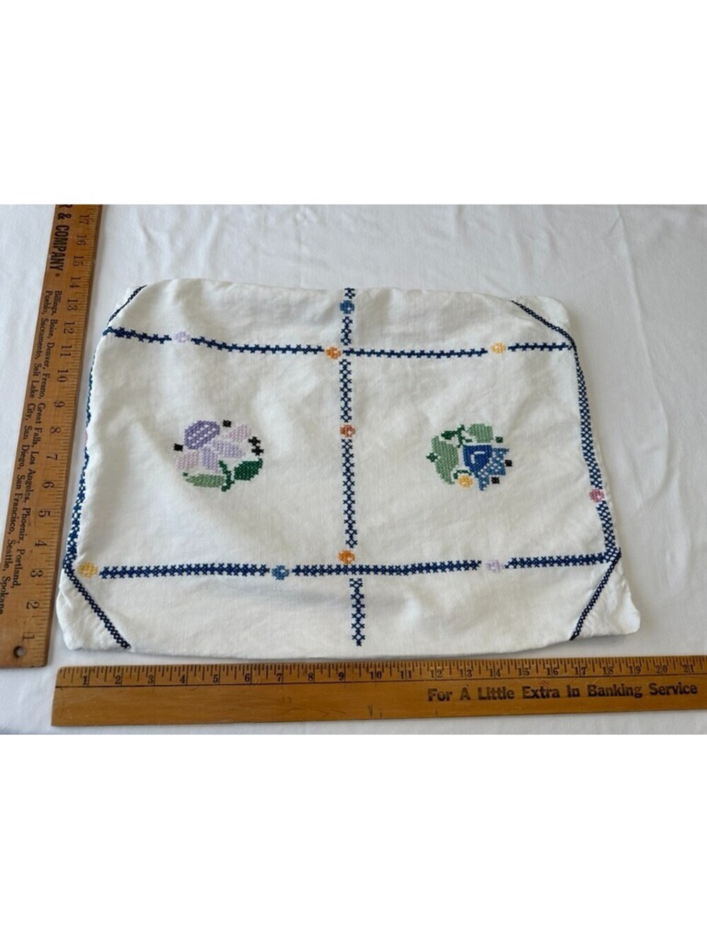 Vintage Hand Embroidered Flowers Floral Throw Pillow Blue 13.5"x19"
